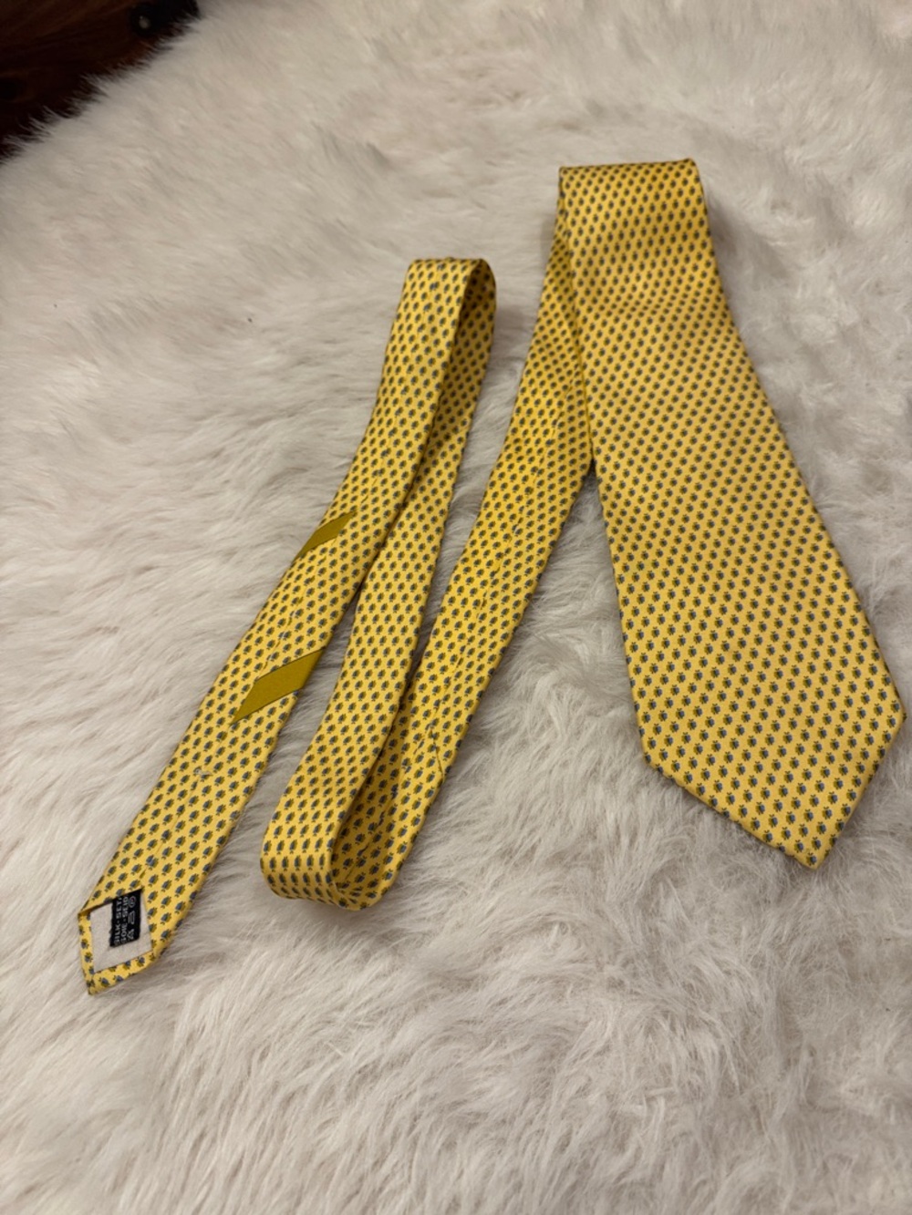 Salvatore Ferragamo Yellow Silk Tie with Navy Micro-Dot Pattern pre-owned.